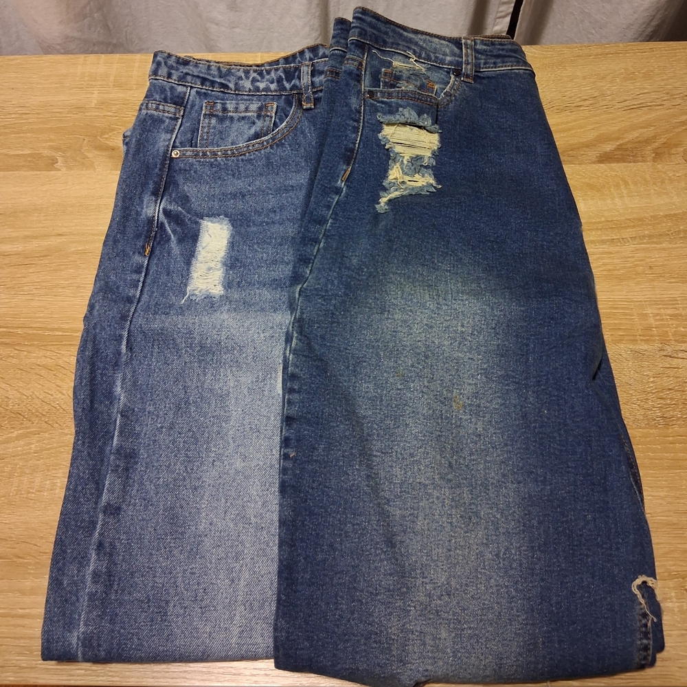Set of 2 Blue Distressed Straight Leg Jeans (love, Fire & SHEIN)
